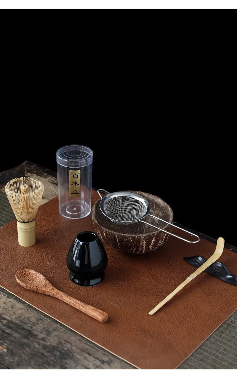 4-7Pcs Handmade Home Easy Clean Coconut Matcha Tea Set Tool Stand Kit Bowl Whisk Scoopbirthday Gift Ceremony Kitchen Supplies