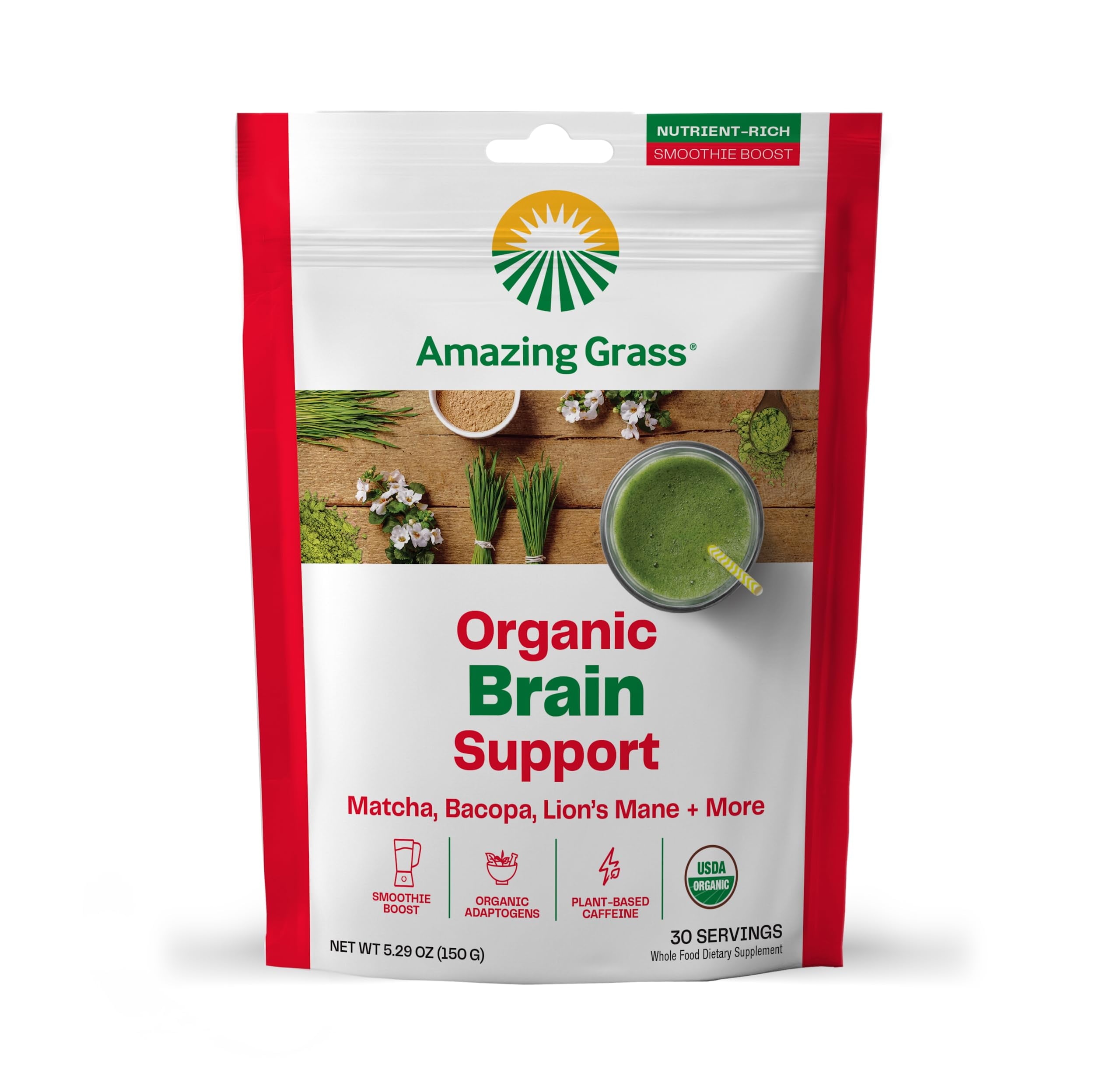 , Organic Brain Booster with Matcha, Bacopa, & Lion'S Mane, 5.29 Oz, 30 Servings