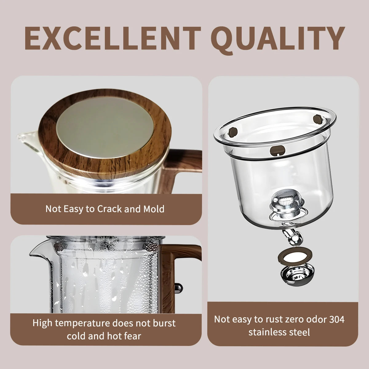 600ML Enchanti Tea Pot Glass Kettle Teapot with Wooden Handle One Click Switch Tea Filtration Teapots Puer Tea Cup Set