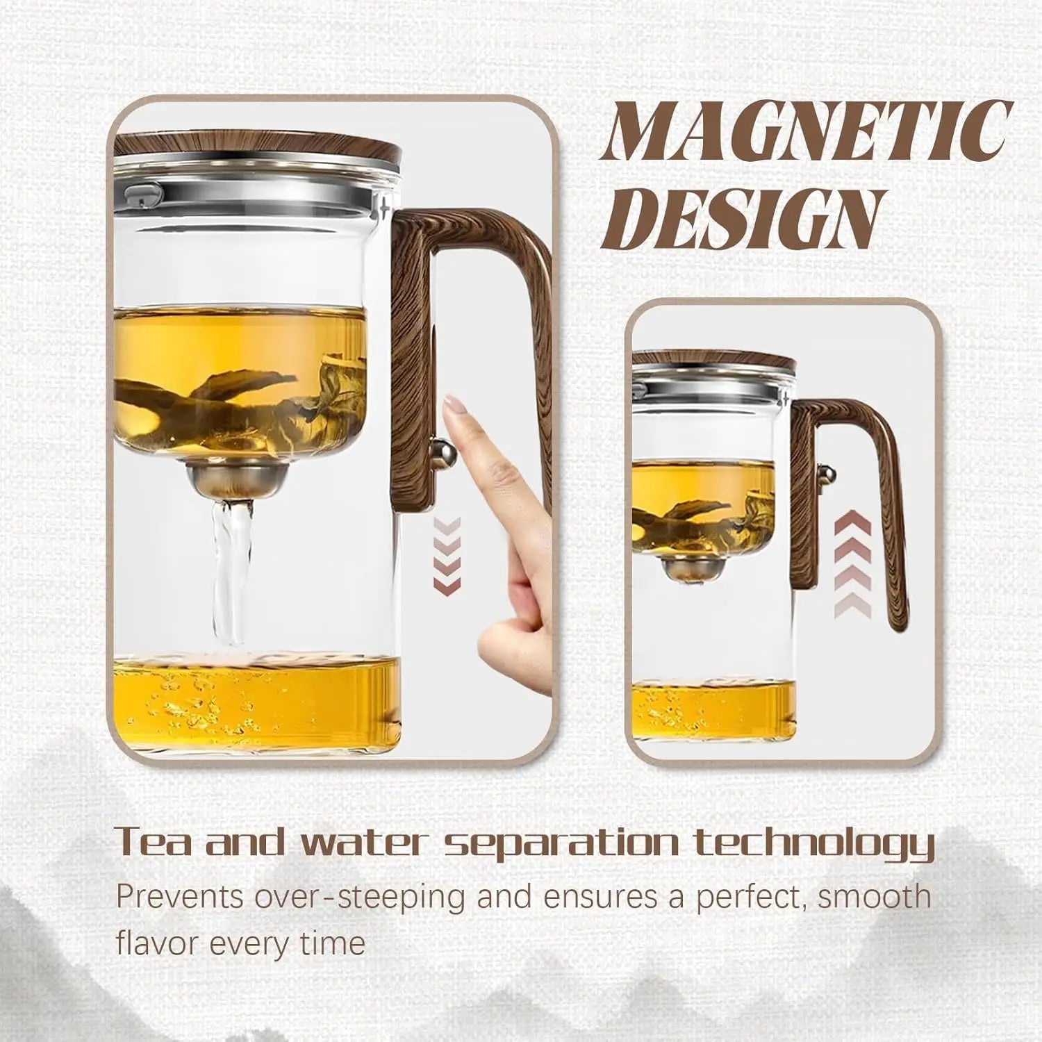 600ML Enchanti Tea Pot Glass Kettle Teapot with Wooden Handle One Click Switch Tea Filtration Teapots Puer Tea Cup Set