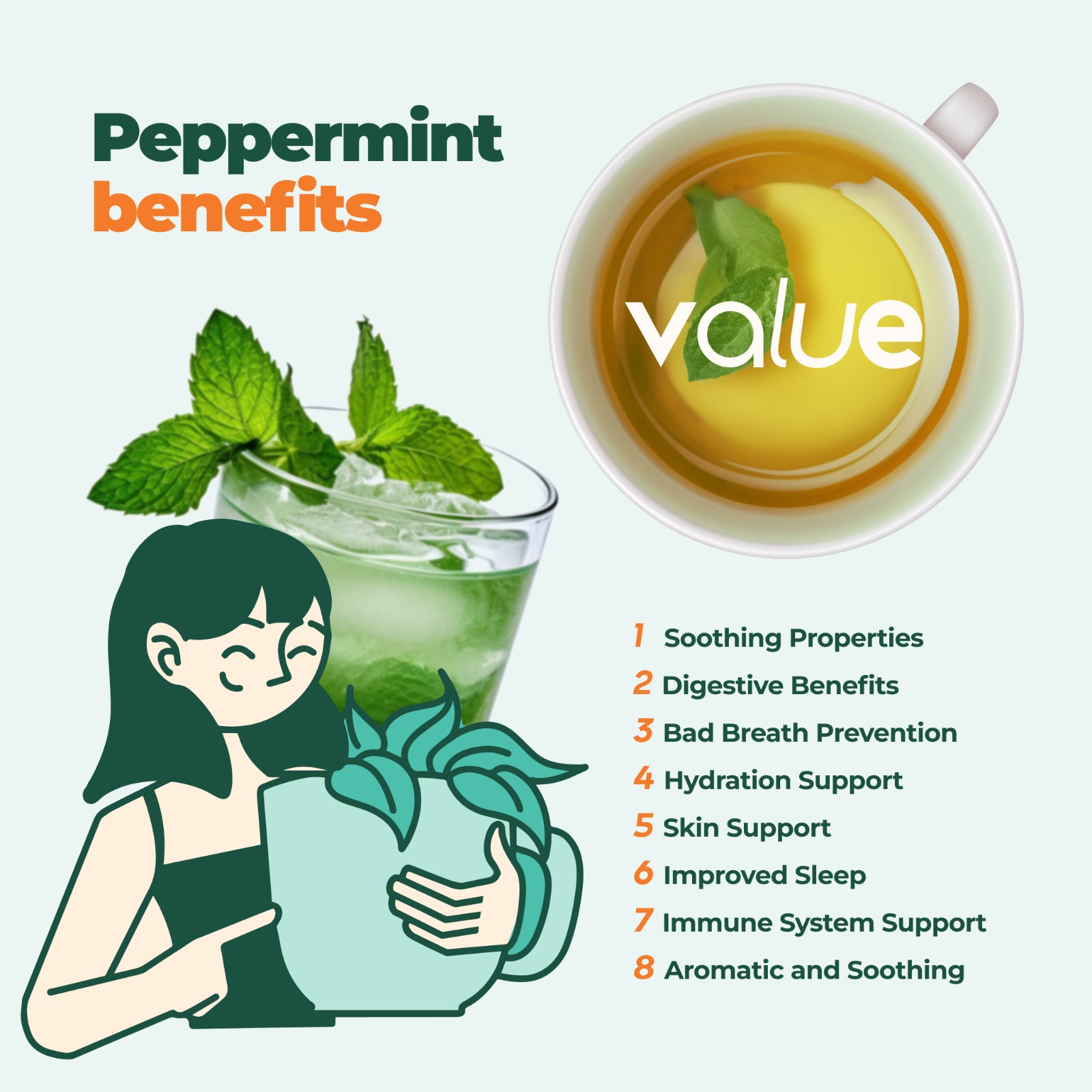 Pure Peppermint Tea - No Stems, 100% Natural Herbal Tea, 60 Bags, USA Seller
