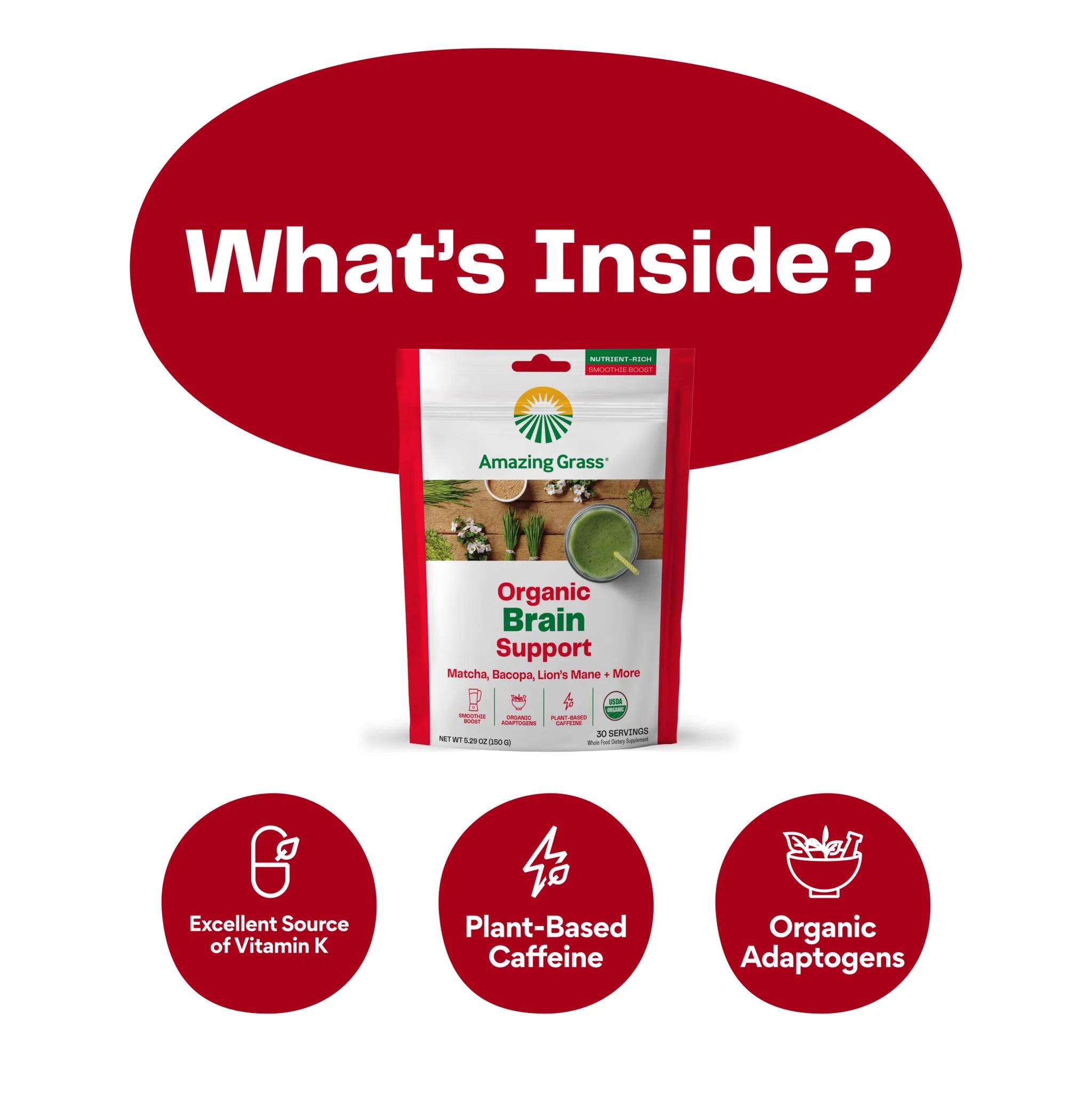 , Organic Brain Booster with Matcha, Bacopa, & Lion'S Mane, 5.29 Oz, 30 Servings