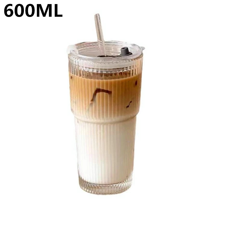 600ML Stripe Glass Coffee Cup with Straw Lid for Milk Tea Juice Breakfast Mugs Drinkware Travel Drinking Water Bottle Home Bar