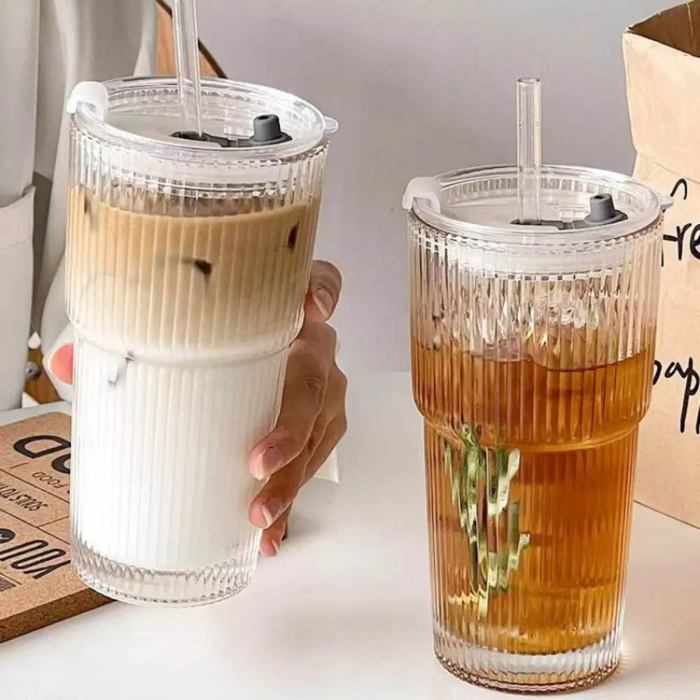600ML Stripe Glass Coffee Cup with Straw Lid for Milk Tea Juice Breakfast Mugs Drinkware Travel Drinking Water Bottle Home Bar