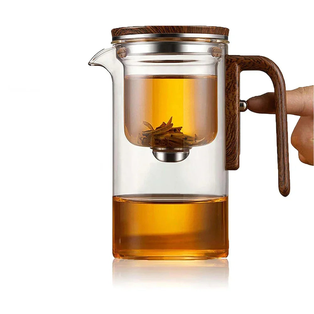 600ML Enchanti Tea Pot Glass Kettle Teapot with Wooden Handle One Click Switch Tea Filtration Teapots Puer Tea Cup Set