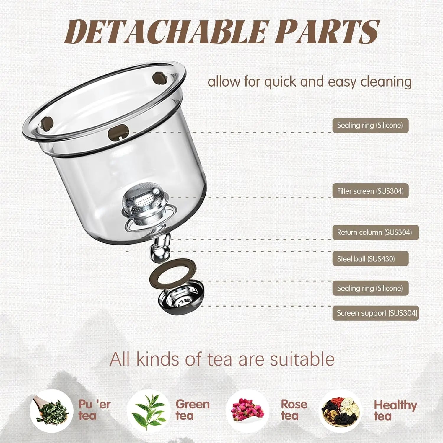 600ML Enchanti Tea Pot Glass Kettle Teapot with Wooden Handle One Click Switch Tea Filtration Teapots Puer Tea Cup Set