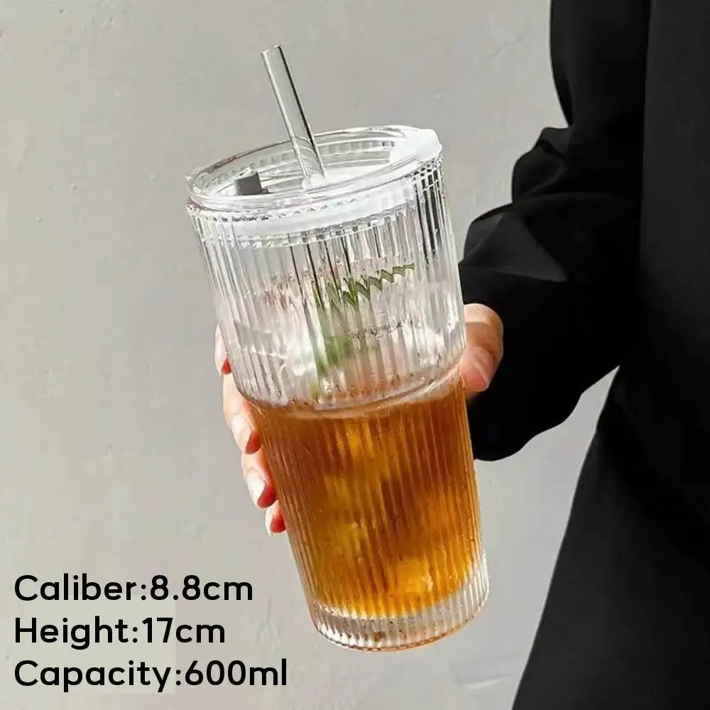 600ML Stripe Glass Coffee Cup with Straw Lid for Milk Tea Juice Breakfast Mugs Drinkware Travel Drinking Water Bottle Home Bar