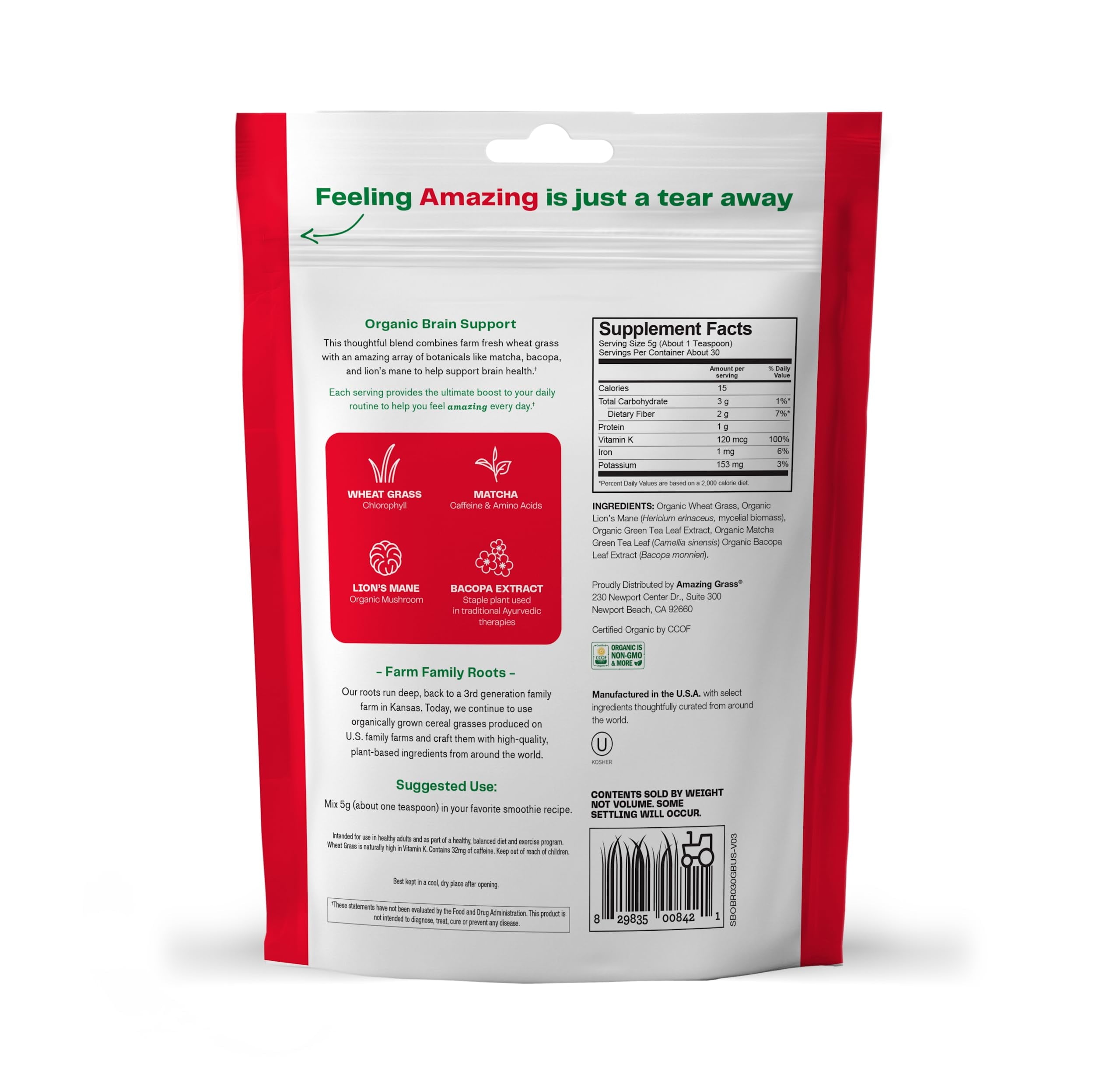 , Organic Brain Booster with Matcha, Bacopa, & Lion'S Mane, 5.29 Oz, 30 Servings