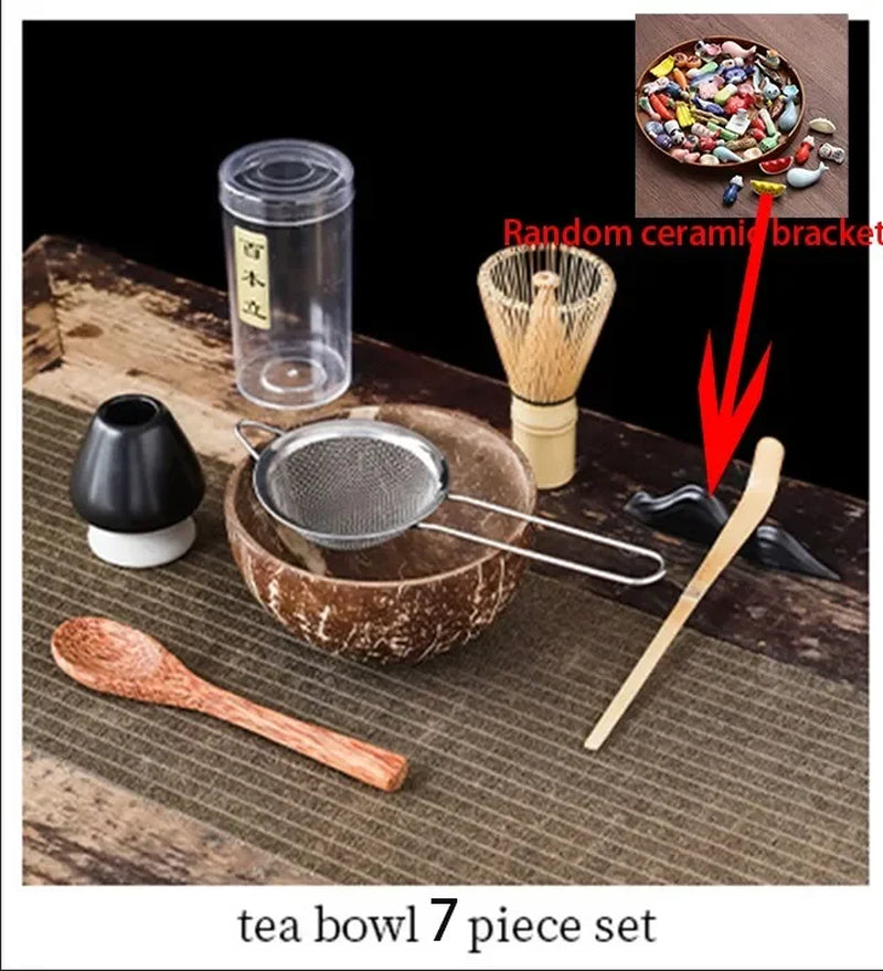 4-7Pcs Handmade Home Easy Clean Coconut Matcha Tea Set Tool Stand Kit Bowl Whisk Scoopbirthday Gift Ceremony Kitchen Supplies