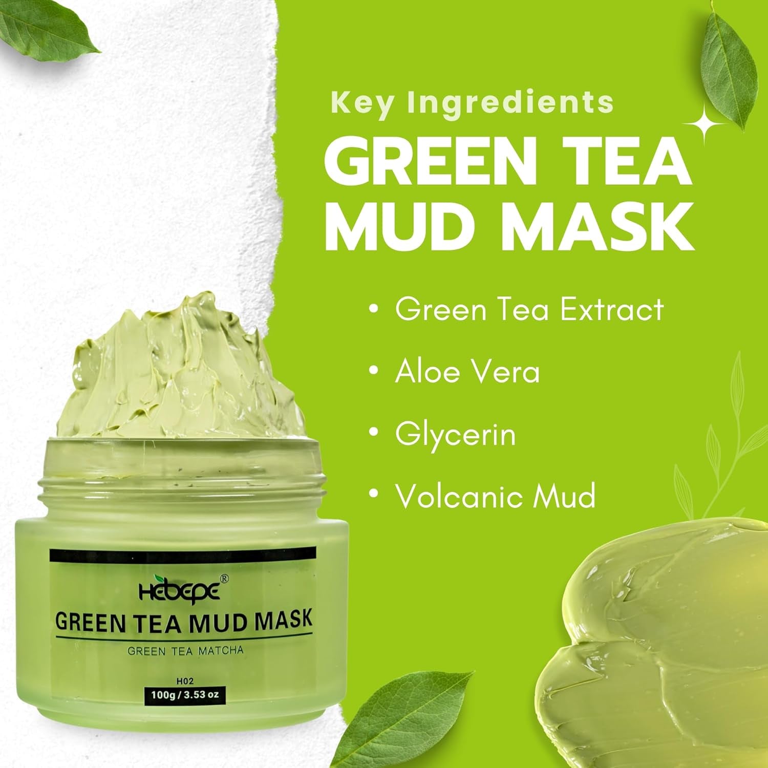 Green Tea Matcha Mud Mask with Aloe Vera, Deep Cleansing, Hydrating, and Relaxing Volcanic Clay Facial Mask